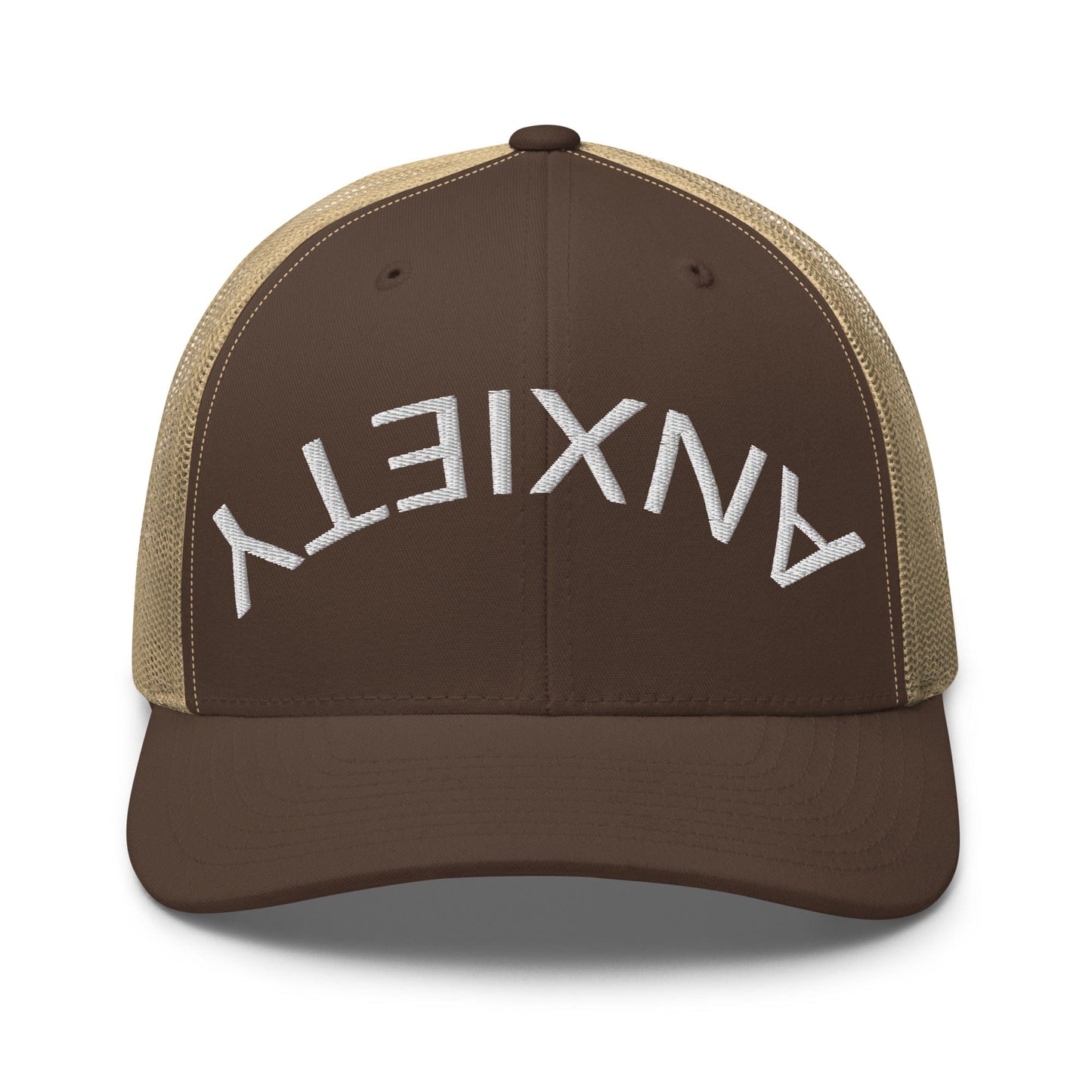 No Crowd Clothing's 'Upside Down Anxiety' hat features the word 'ANXIETY' upside down, symbolizing the chaos of anxiety. A reminder that with humor and strength, you can flip those overwhelming feelings right side up...brown