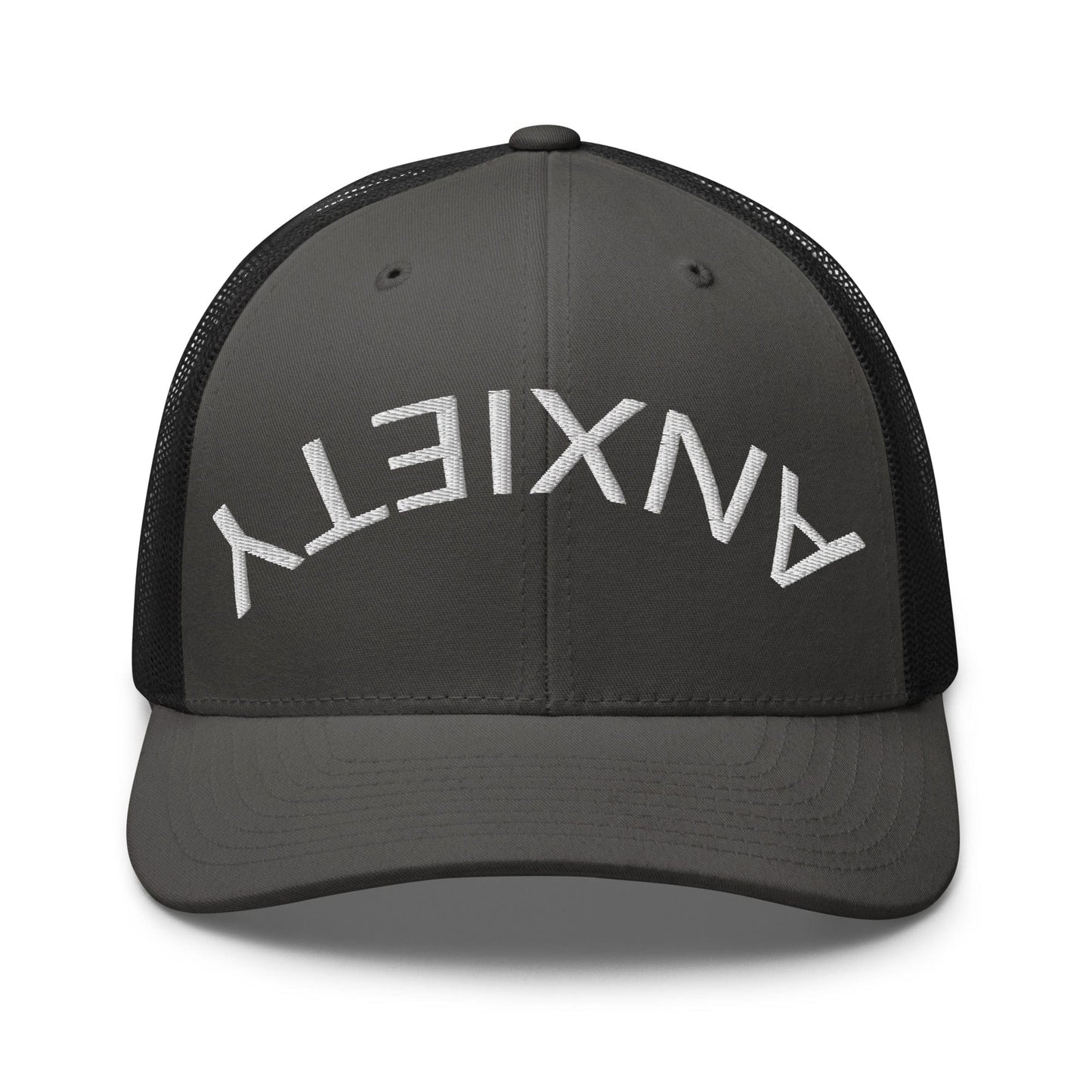 No Crowd Clothing's 'Upside Down Anxiety' hat features the word 'ANXIETY' upside down, symbolizing the chaos of anxiety. A reminder that with humor and strength, you can flip those overwhelming feelings right side up...grey