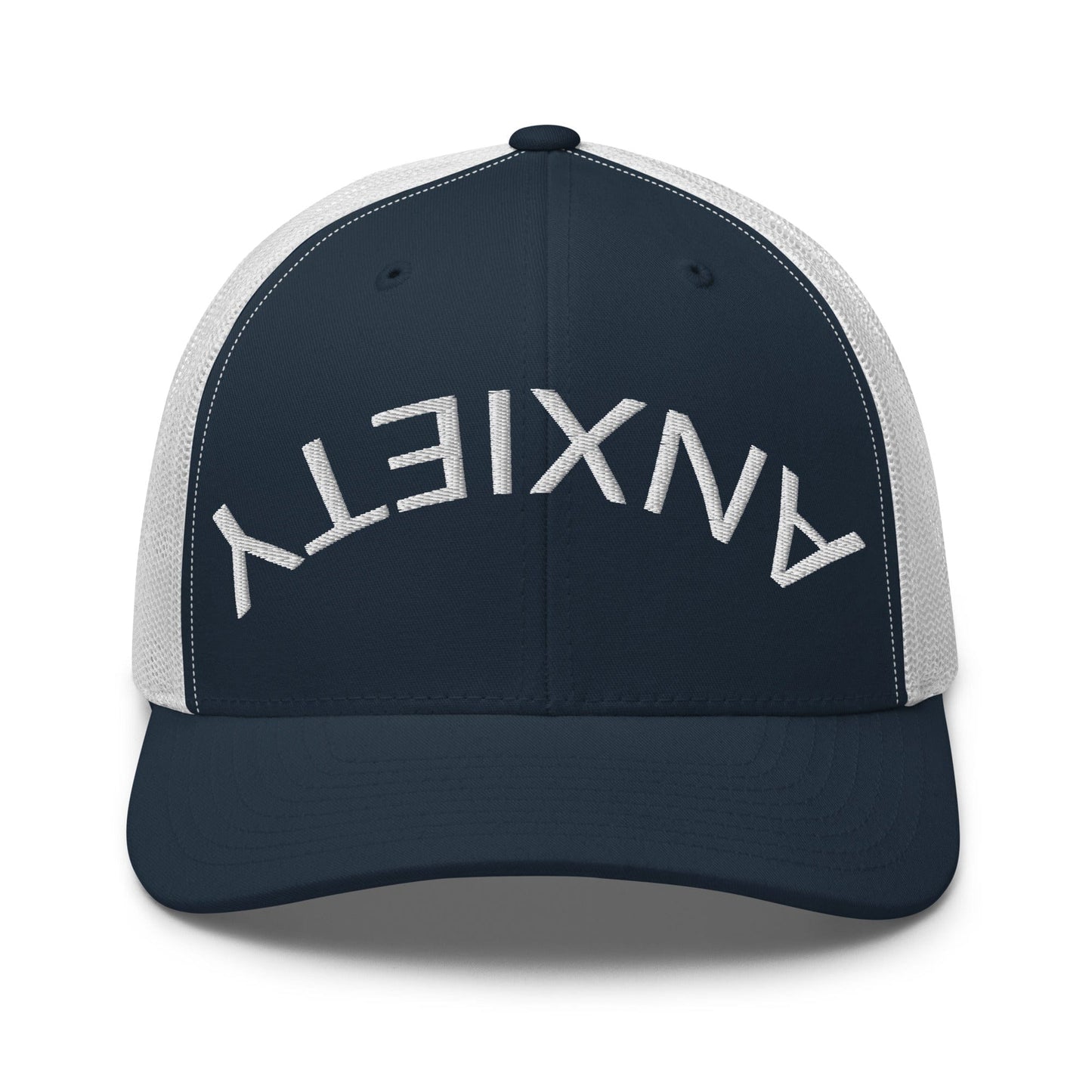 No Crowd Clothing's 'Upside Down Anxiety' hat features the word 'ANXIETY' upside down, symbolizing the chaos of anxiety. A reminder that with humor and strength, you can flip those overwhelming feelings right side up...blue