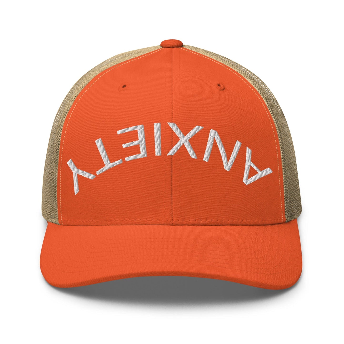 No Crowd Clothing's 'Upside Down Anxiety' hat features the word 'ANXIETY' upside down, symbolizing the chaos of anxiety. A reminder that with humor and strength, you can flip those overwhelming feelings right side up...orange