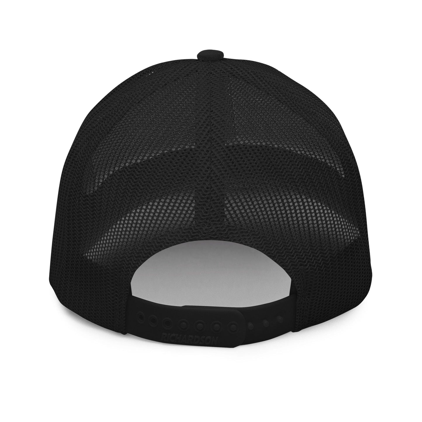 Black trucker hat with mesh back and structured front, designed by No Crowd Clothing, displayed on a plain background...back