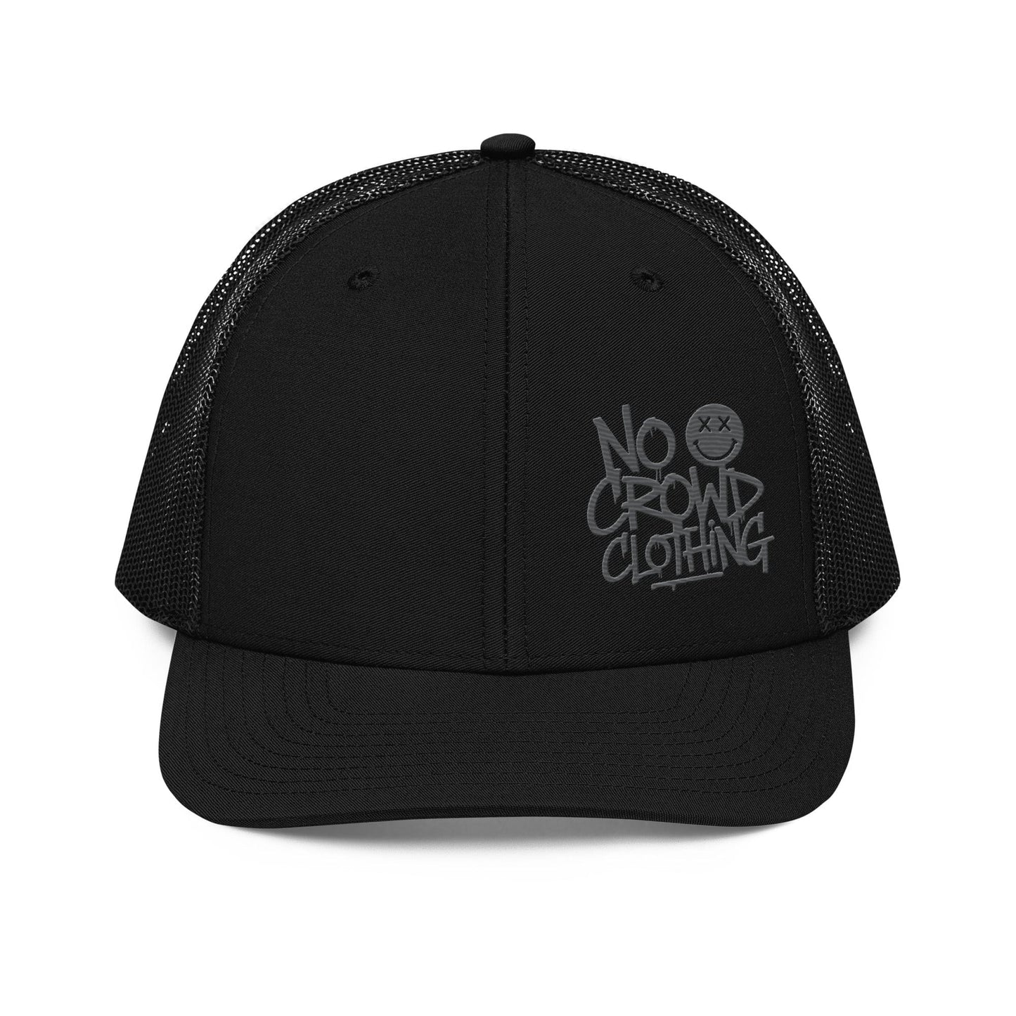 Black trucker hat with mesh back and structured front, designed by No Crowd Clothing, displayed on a plain background..front