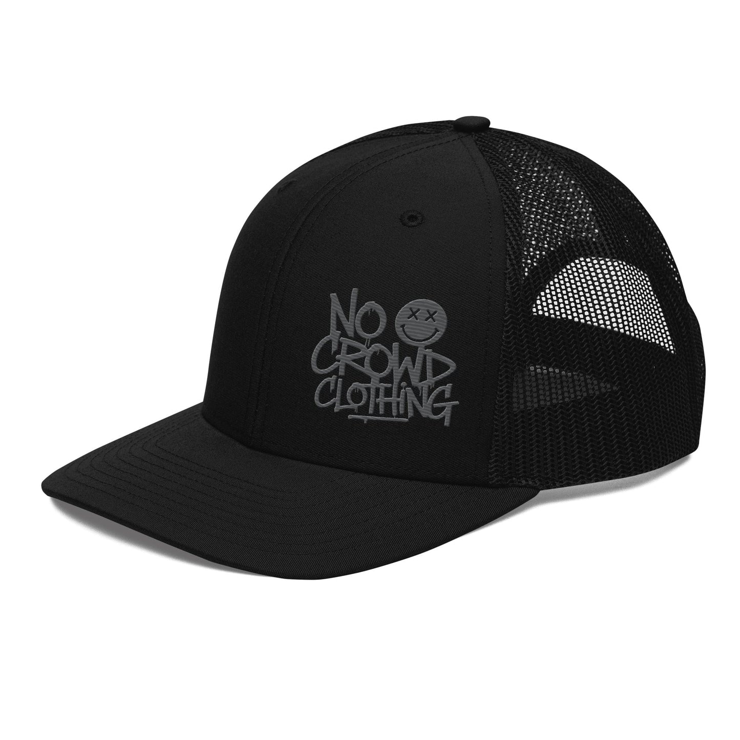 Black trucker hat with mesh back and structured front, designed by No Crowd Clothing, displayed on a plain background..logo