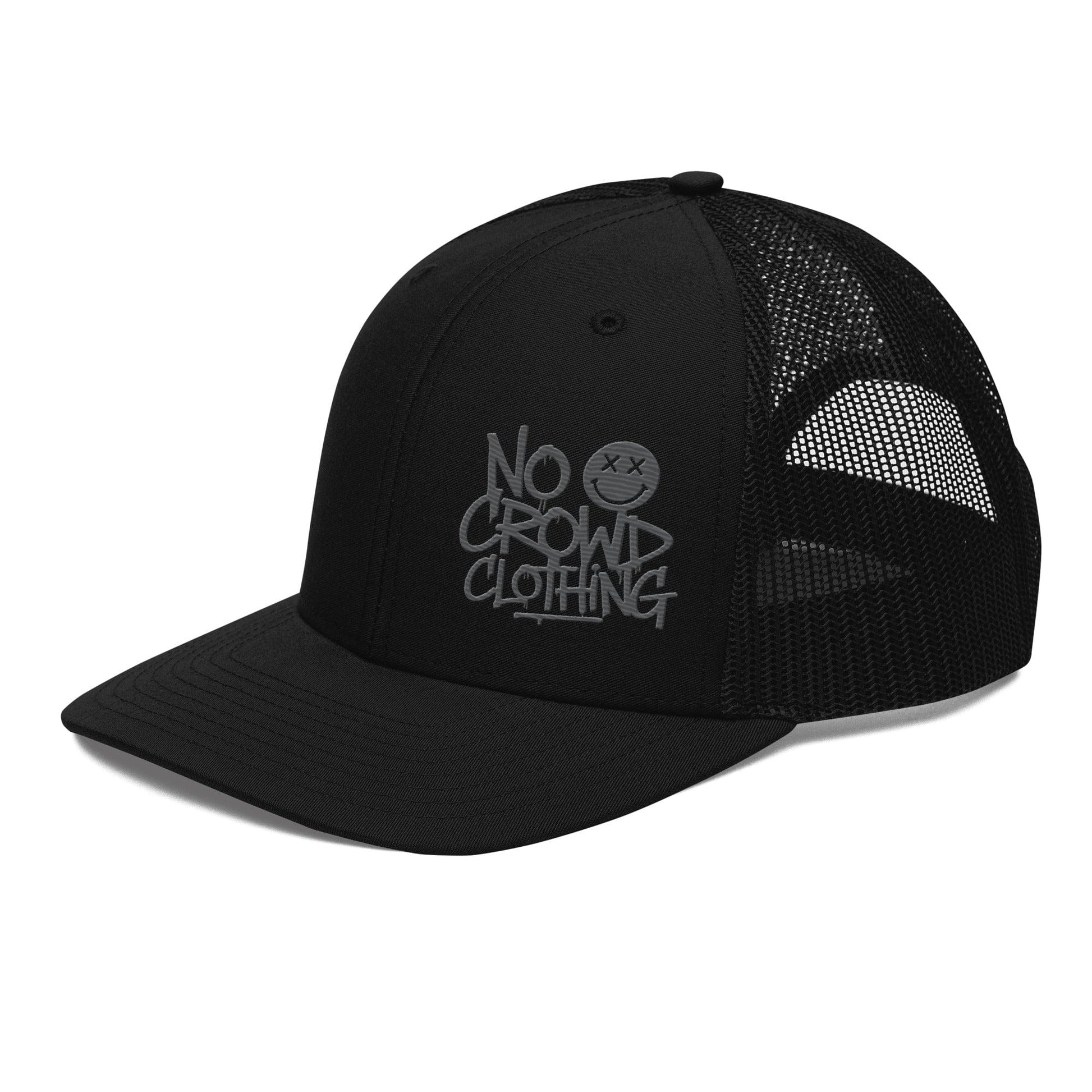 Black trucker hat with mesh back and structured front, designed by No Crowd Clothing, displayed on a plain background..logo