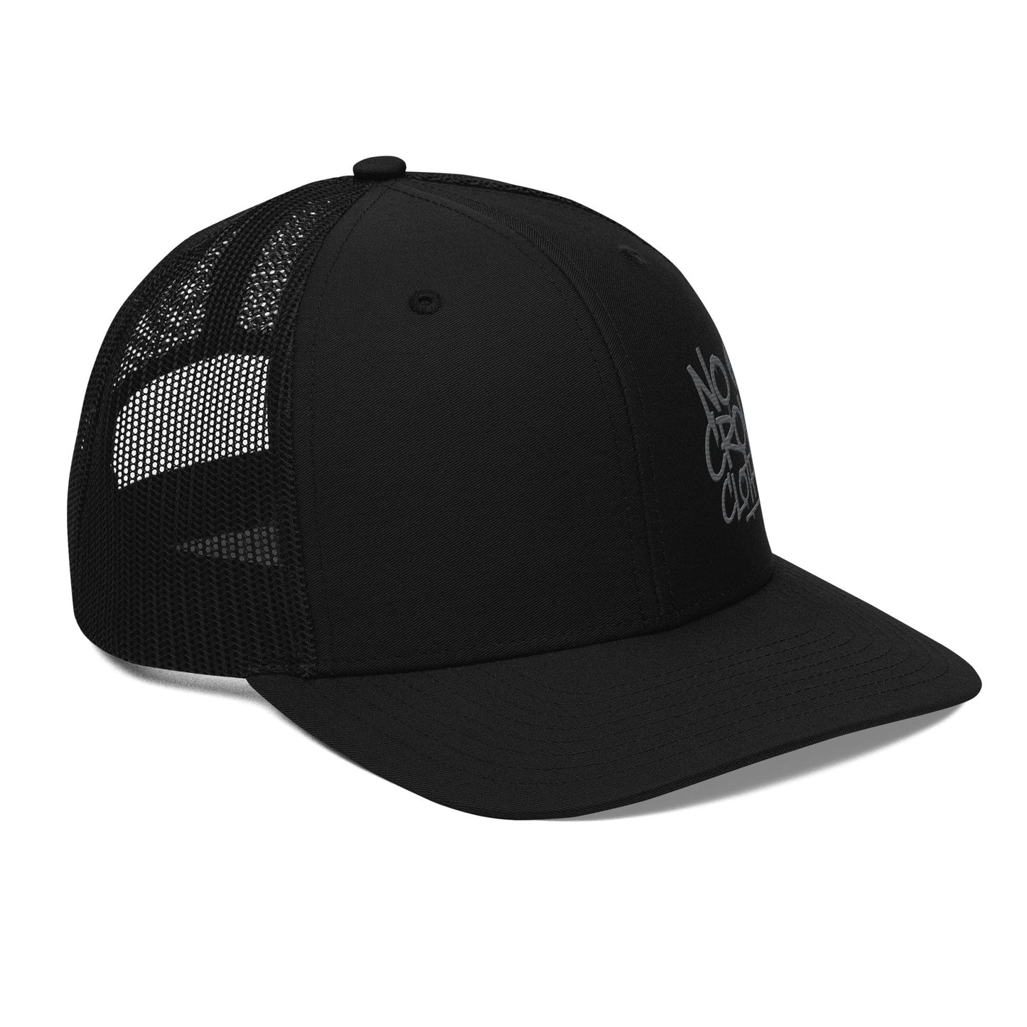 Black trucker hat with mesh back and structured front, designed by No Crowd Clothing, displayed on a plain background...left