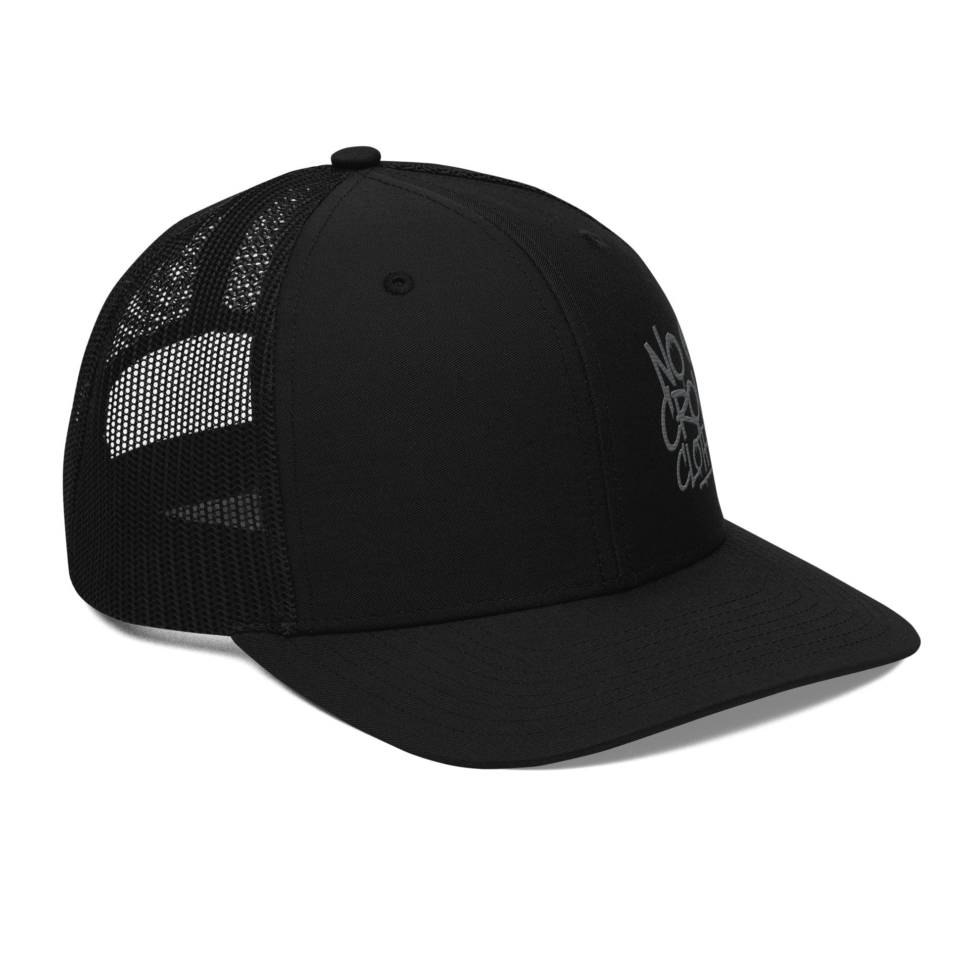 Black trucker hat with mesh back and structured front, designed by No Crowd Clothing, displayed on a plain background...left