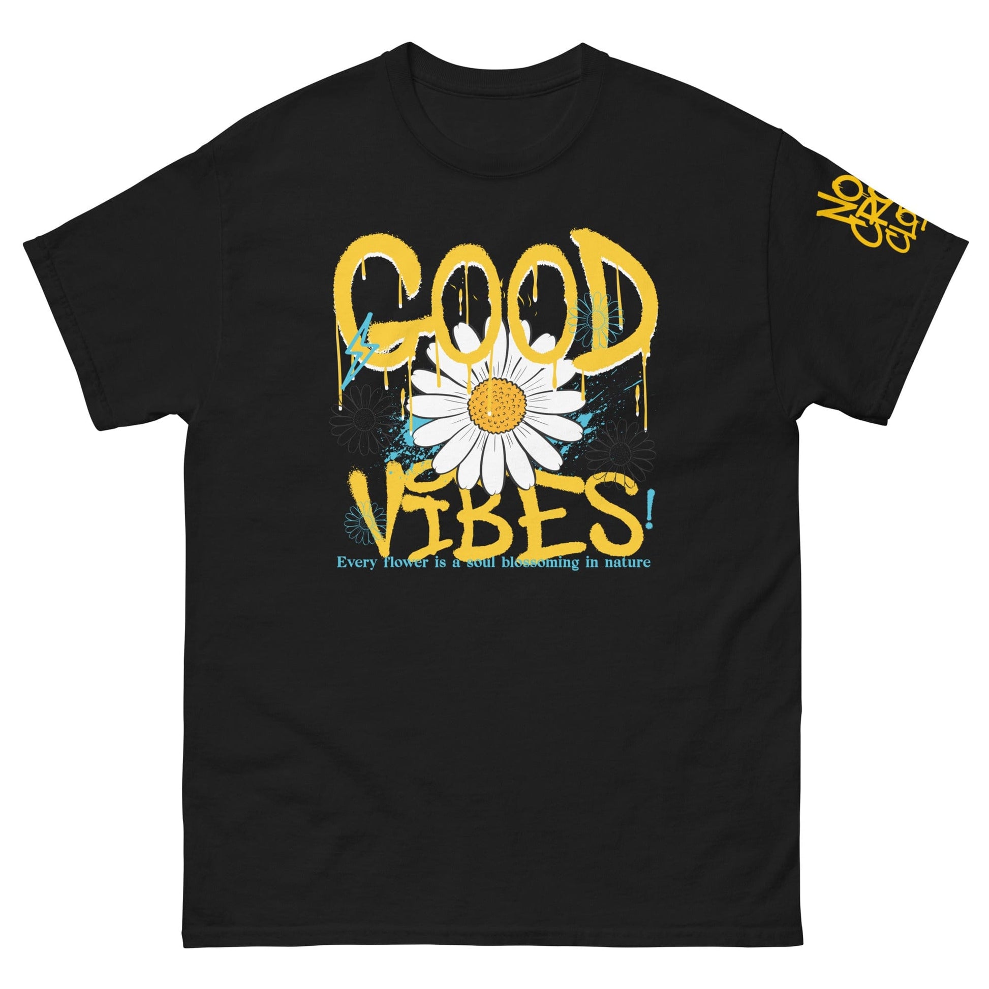 "Good Vibes" graphic tee with bold graffiti-style text, daisy flower design, and splashes of blue, promoting positivity and happiness to reduce anxiety...black