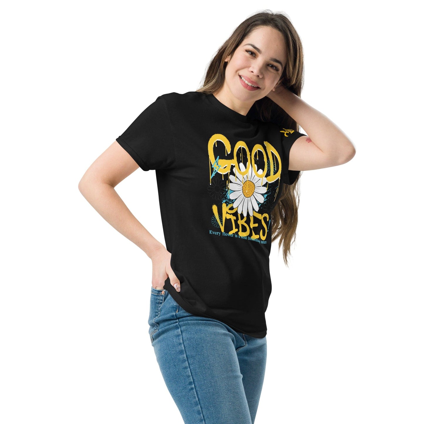 "Good Vibes" graphic tee with bold graffiti-style text, daisy flower design, and splashes of blue, promoting positivity and happiness to reduce anxiety...model black