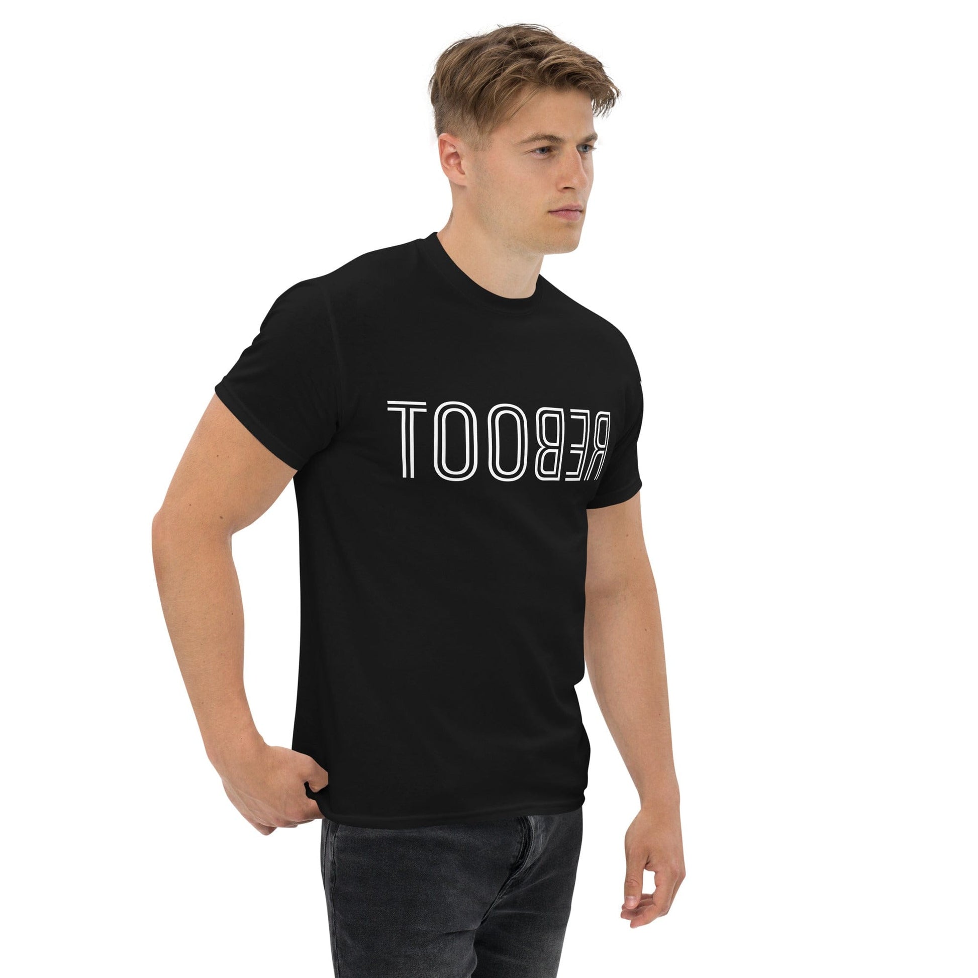 TOOBER is "reboot" spelled backwards, designed for those who understand that sometimes hitting restart is the best way forward. Wear it as a reminder that it's okay to pause, recalibrate, and keep going...shirt model black