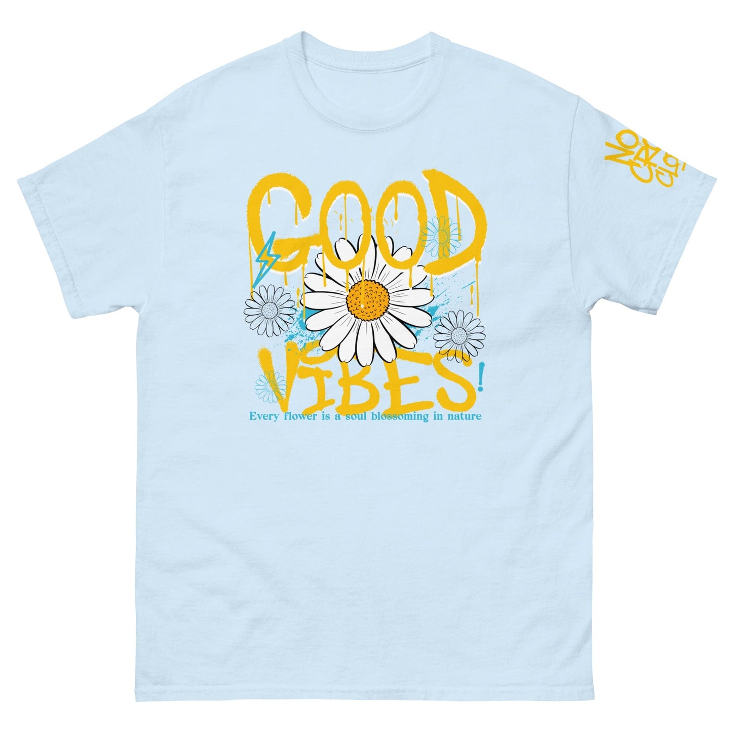 "Good Vibes" graphic tee with bold graffiti-style text, daisy flower design, and splashes of blue, promoting positivity and happiness to reduce anxiety...blue