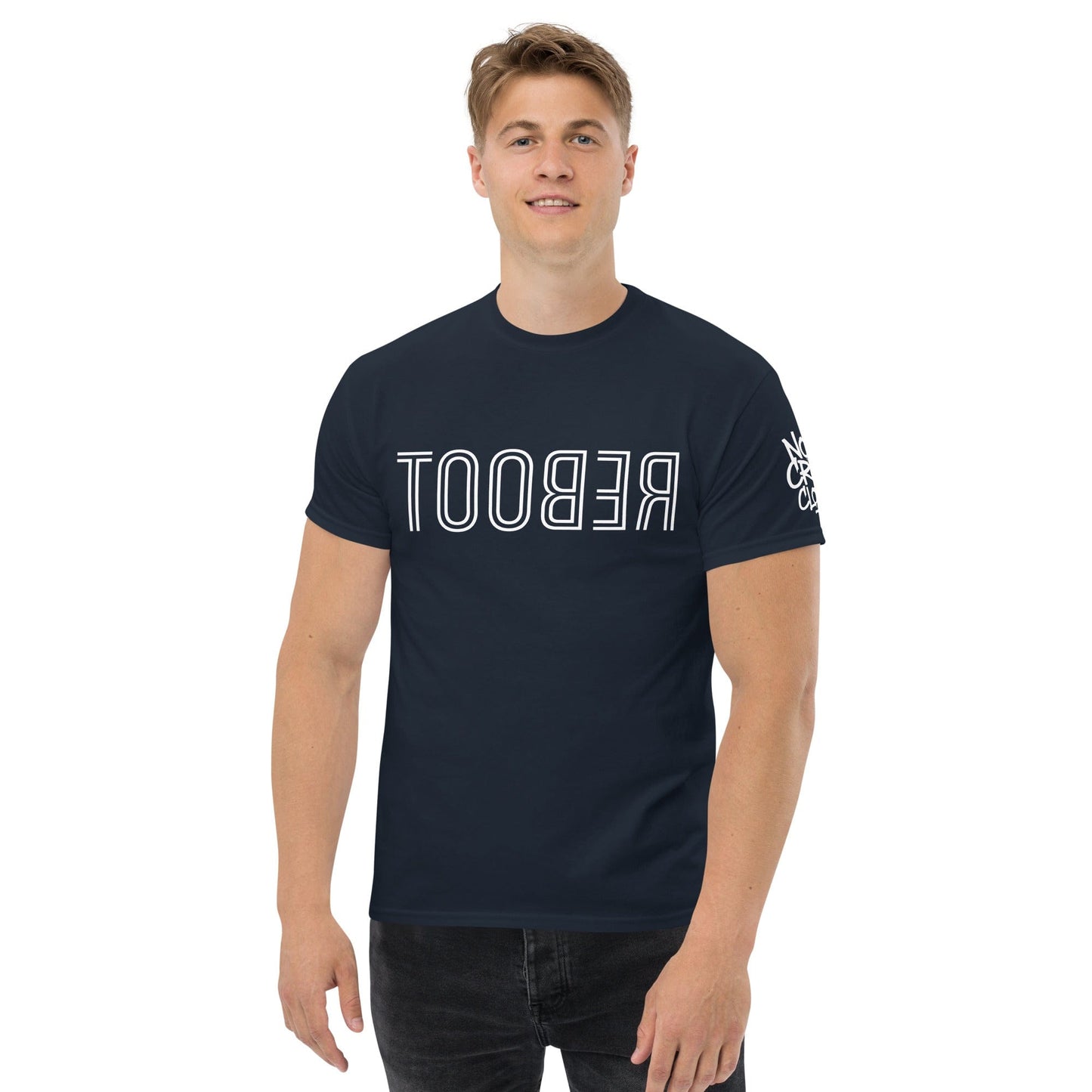 TOOBER is "reboot" spelled backwards, designed for those who understand that sometimes hitting restart is the best way forward. Wear it as a reminder that it's okay to pause, recalibrate, and keep going.....blue shirt model