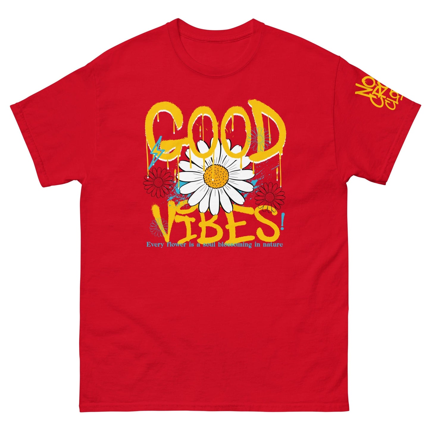 "Good Vibes" graphic tee with bold graffiti-style text, daisy flower design, and splashes of blue, promoting positivity and happiness to reduce anxiety...red