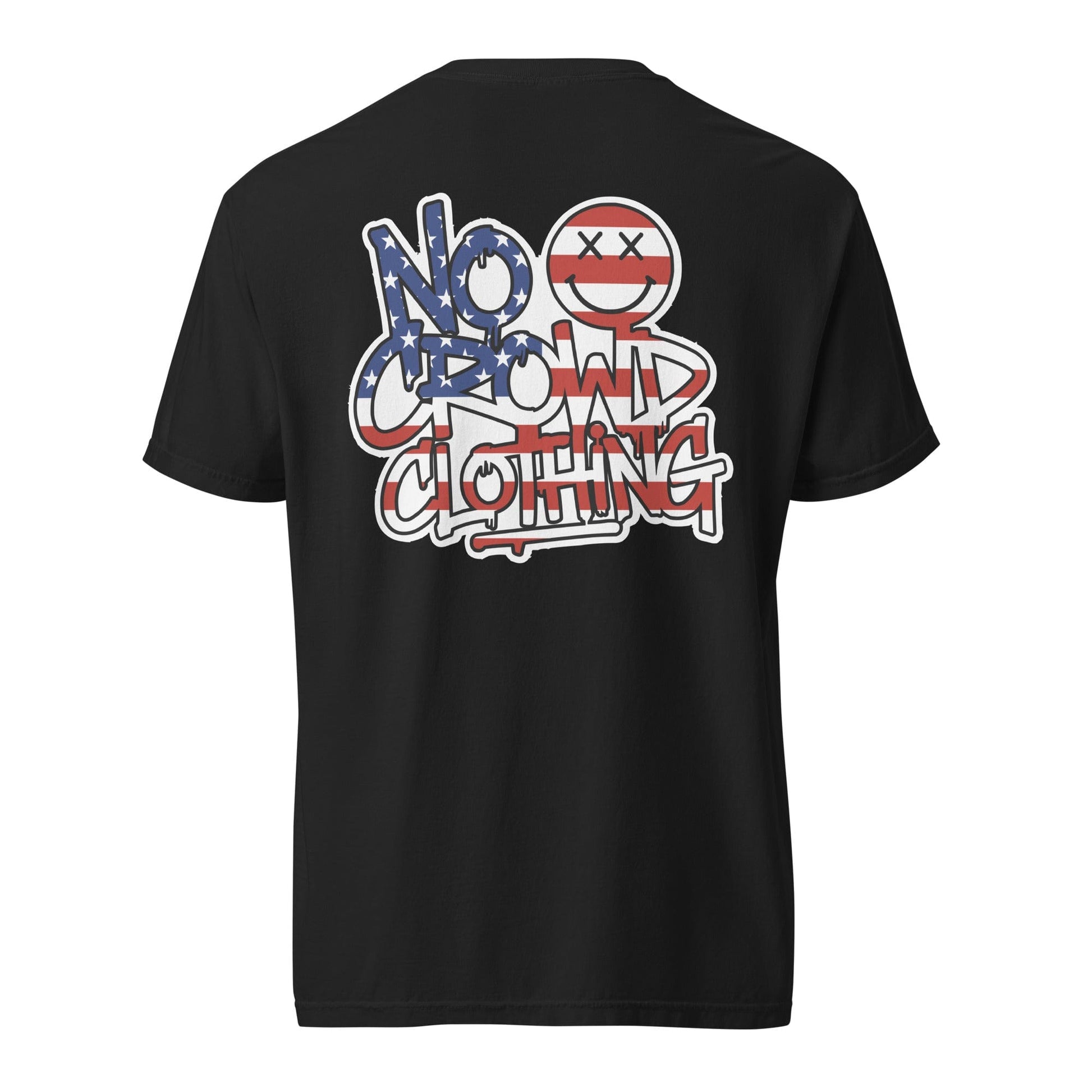No Crowd Clothing Stars & Stripes Graffiti logo on the back of an olive green unisex t-shirt with crossed-eyes smile icon...black back