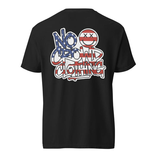 No Crowd Clothing Stars & Stripes Graffiti logo on the back of an olive green unisex t-shirt with crossed-eyes smile icon...black back