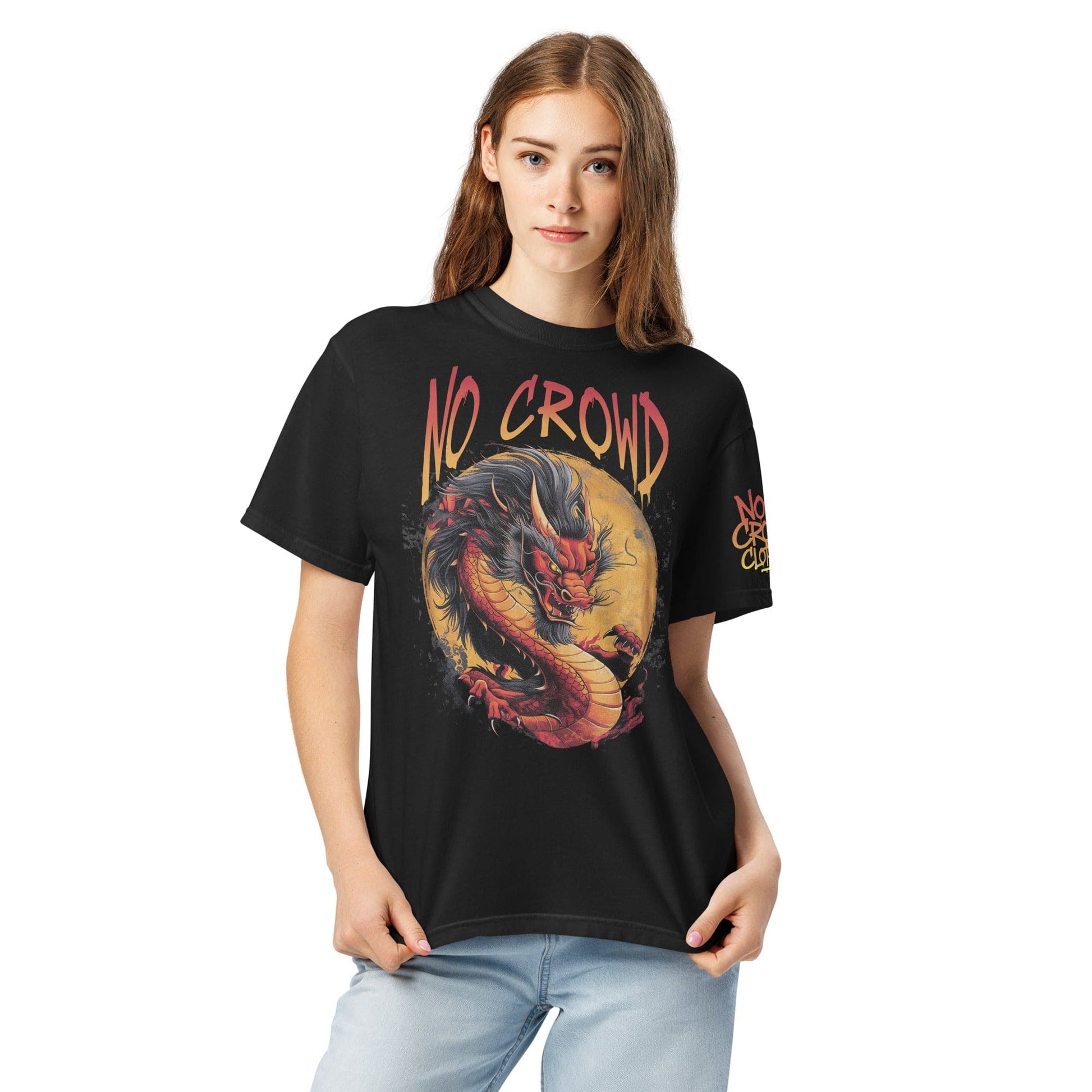 Black t-shirt with red and gold dragon Fury Design and NO CROWD lettering, laid flat on concrete background...female model