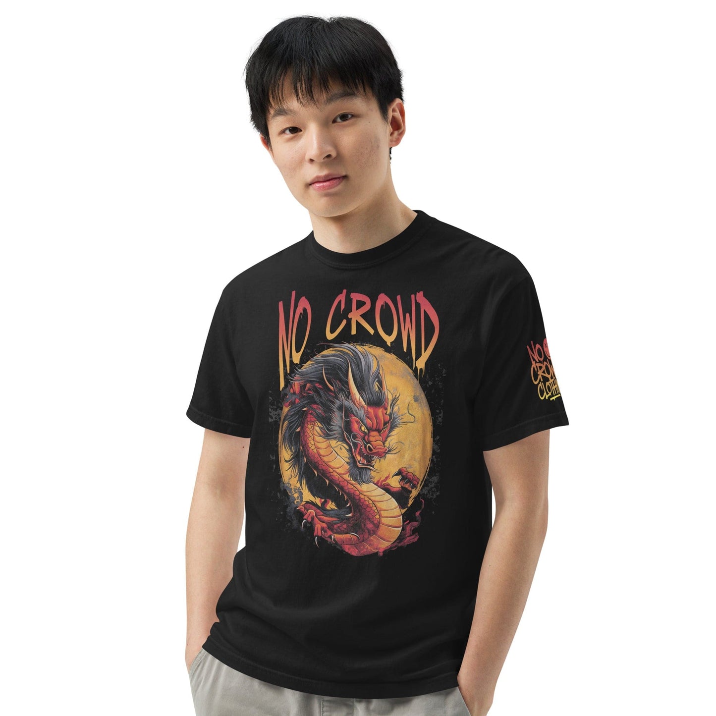 Black t-shirt with red and gold dragon Fury Design and NO CROWD lettering, laid flat on concrete background...male model