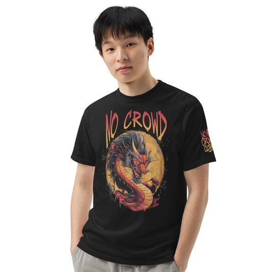 Black t-shirt with red and gold dragon Fury Design and NO CROWD lettering, laid flat on concrete background...male model