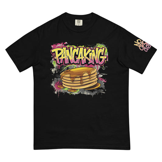 Graffiti-style "Pancaking" t-shirt design featuring bold text and a dripping pancake stack, symbolizing panicking moments in a playful, anxiety-aware streetwear style....front