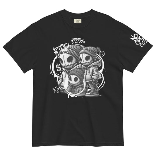 Illustration of Stitch, a stitched-face streetwear mascot in a hoodie and beanie, surrounded by graffiti-style elements, representing No Crowd Clothing....front