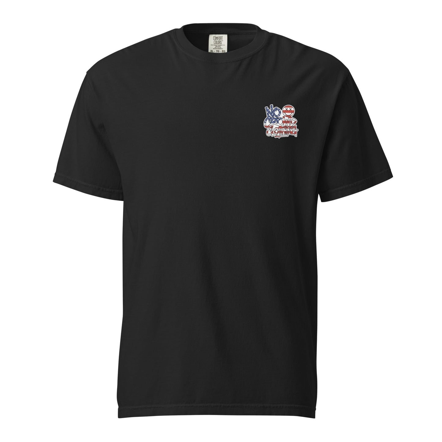 No Crowd Clothing Stars & Stripes Graffiti logo on the back of an olive green unisex t-shirt with crossed-eyes smile icon....black front
