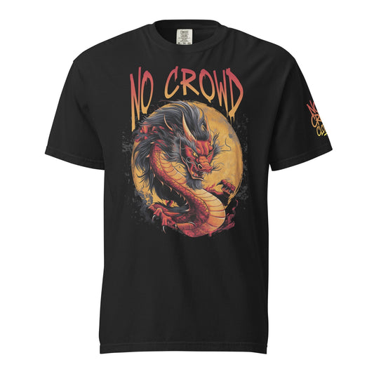 Black t-shirt with red and gold dragon Fury Design and NO CROWD lettering, laid flat on concrete background..front