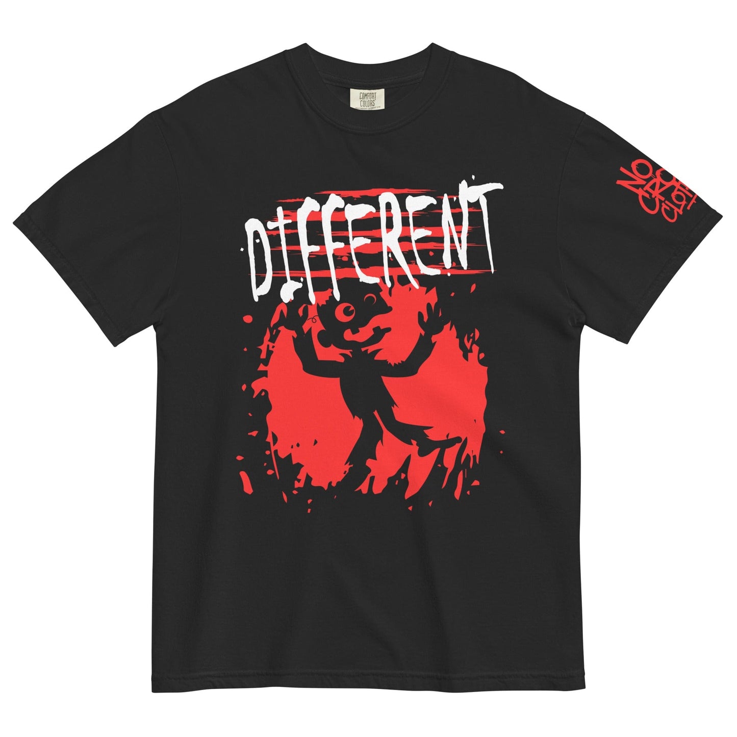 Black graphic t-shirt featuring the word “Different” in a bold, distressed design, representing individuality, self-acceptance, and nonconformity.