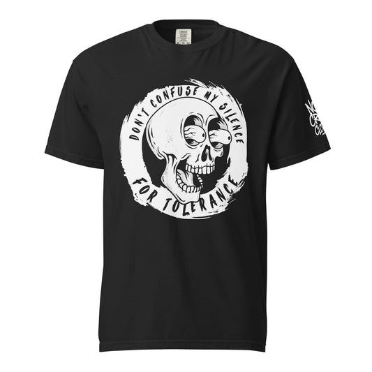 introvert skull graphic t shirt with bold statement don’t confuse my silence for tolerance front view...black