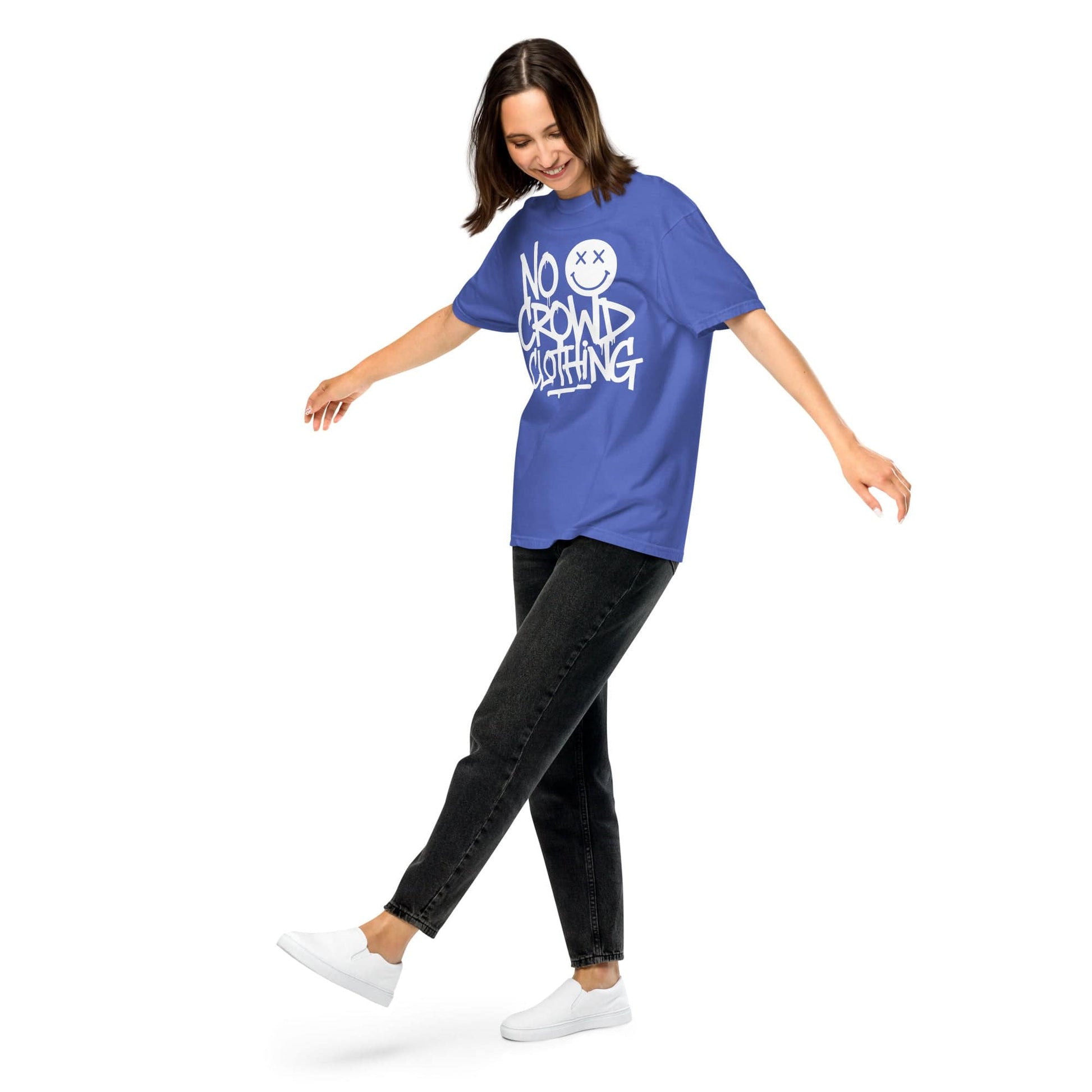 No Crowd Clothing creates a sanctuary in fashion with designs that blend humor and comfort. Perfect for easing social anxiety, our apparel promotes self-care and confidence, turning awkward moments into lighthearted ones..blue model