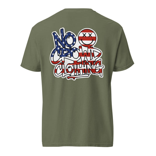 No Crowd Clothing Stars & Stripes Graffiti logo on the back of an olive green unisex t-shirt with crossed-eyes smile icon...green back