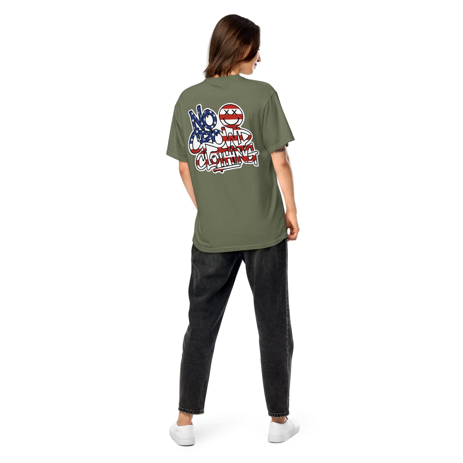 No Crowd Clothing Stars & Stripes Graffiti logo on the back of an olive green unisex t-shirt with crossed-eyes smile icon...green model back