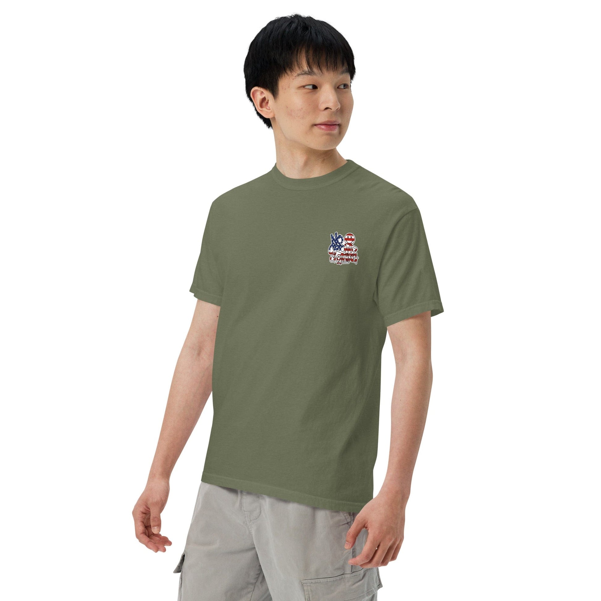 No Crowd Clothing Stars & Stripes Graffiti logo on the back of an olive green unisex t-shirt with crossed-eyes smile icon....green model front