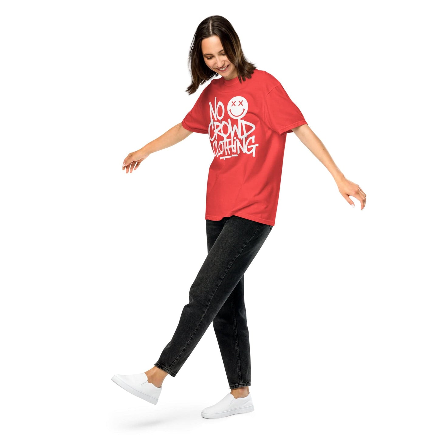 No Crowd Clothing creates a sanctuary in fashion with designs that blend humor and comfort. Perfect for easing social anxiety, our apparel promotes self-care and confidence, turning awkward moments into lighthearted ones...red model