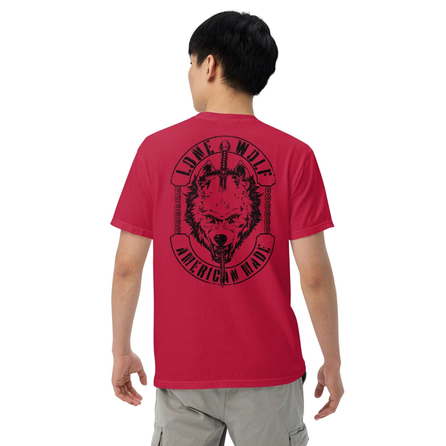 Red Lone Wolf American Made introvert clothing t-shirt with bold wolf back print