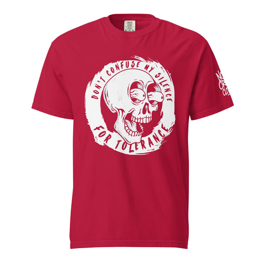 introvert skull graphic t shirt with bold statement don’t confuse my silence for tolerance front view...red