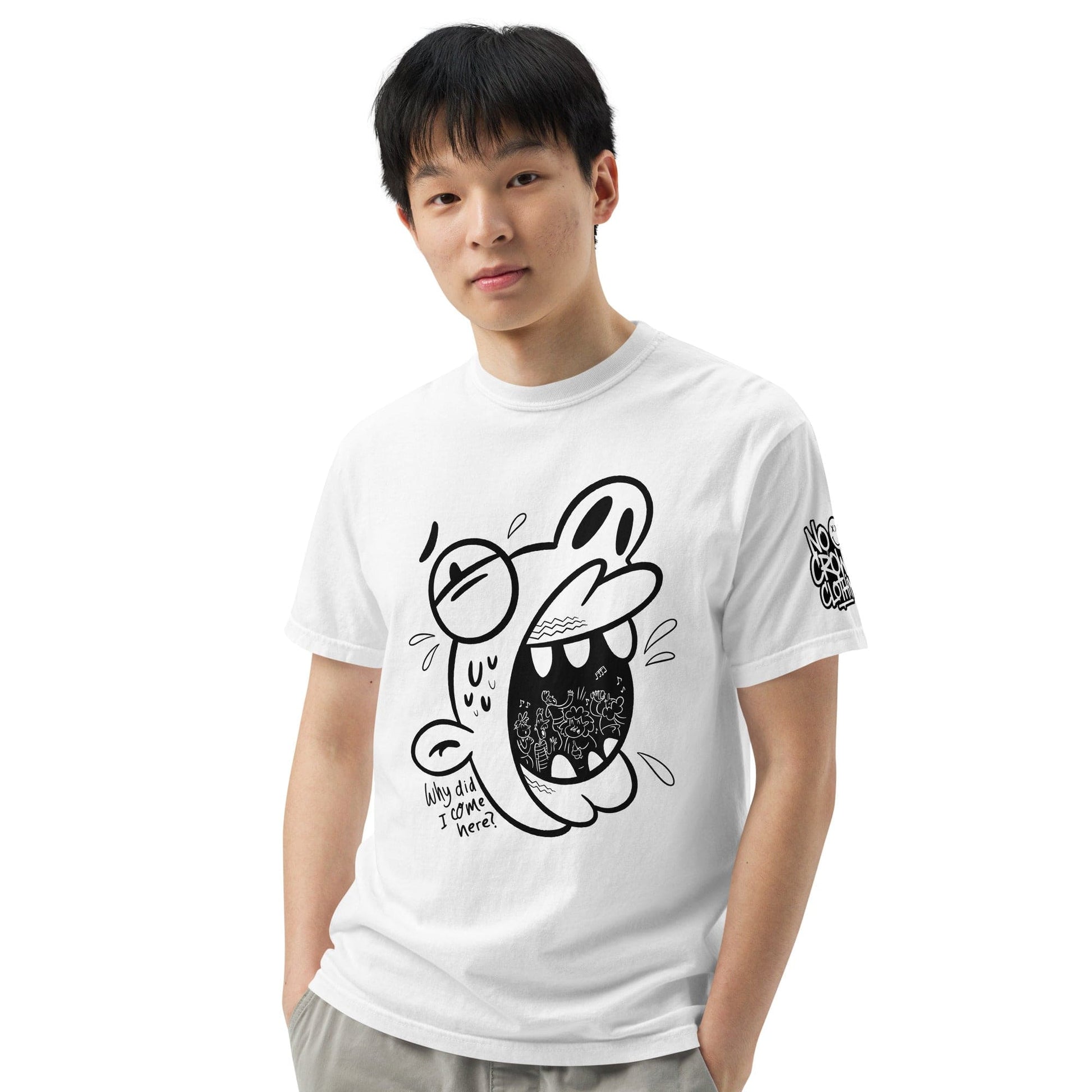 White graphic t-shirt featuring a cartoon face screaming with the text “Why did I come here” in bold black sketch-style design by No Crowd Clothing...model2 front