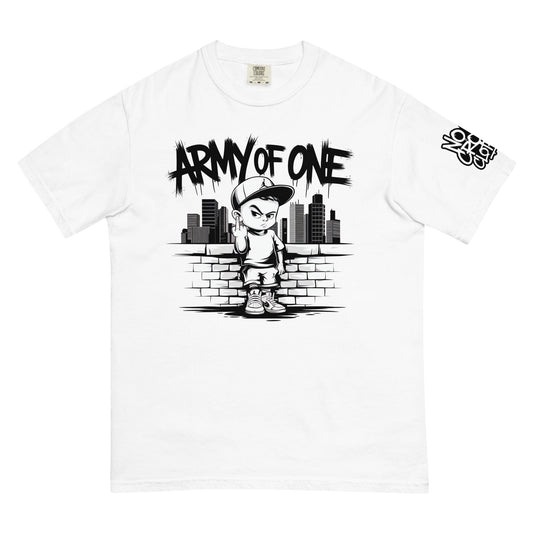 Bold 'Army of One' t-shirt design featuring a defiant young boy standing against a cityscape, flipping off challenges with attitude. Perfect for embracing humor and independence to overcome social anxiety and stress