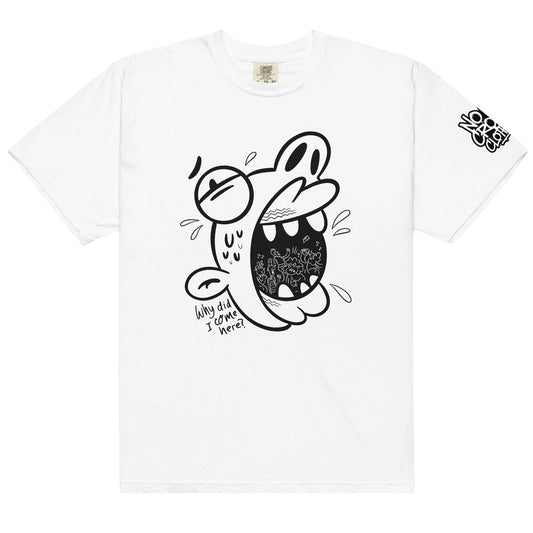 White graphic t-shirt featuring a cartoon face screaming with the text “Why did I come here” in bold black sketch-style design by No Crowd Clothing...front