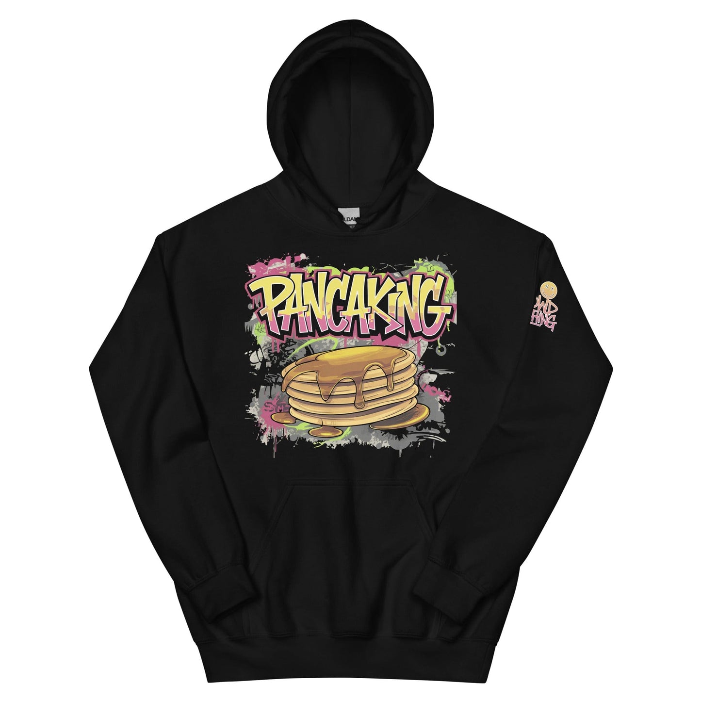 Graffiti-style "Pancaking" t-shirt design featuring bold text and a dripping pancake stack, symbolizing panicking moments in a playful, anxiety-aware streetwear style....hoodie