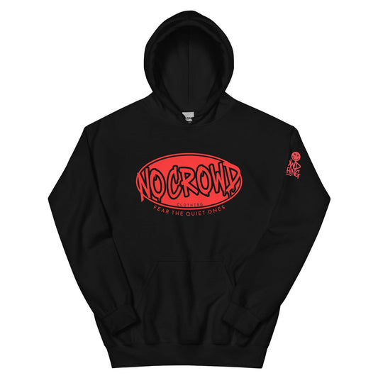Black No Crowd Clothing hoodie with bold red graffiti-style logo and slogan ‘Fear the Quiet Ones’ printed on the chest...front