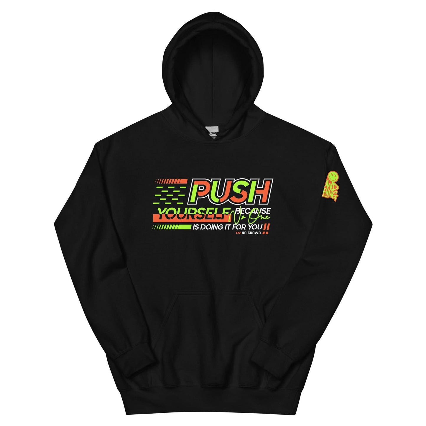 Motivational streetwear hoodie by No Crowd Clothing in black with neon green, orange, and white lettering.