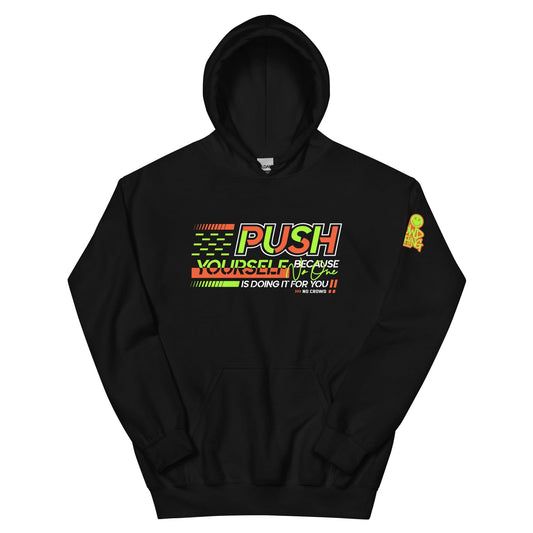 Motivational streetwear hoodie by No Crowd Clothing in black with neon green, orange, and white lettering.