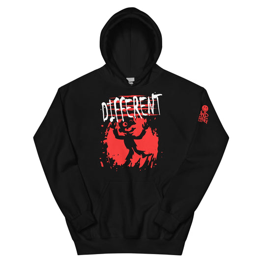 Black hoodie t-shirt featuring the word “Different” in a bold, distressed design, representing individuality, self-acceptance, and nonconformity.