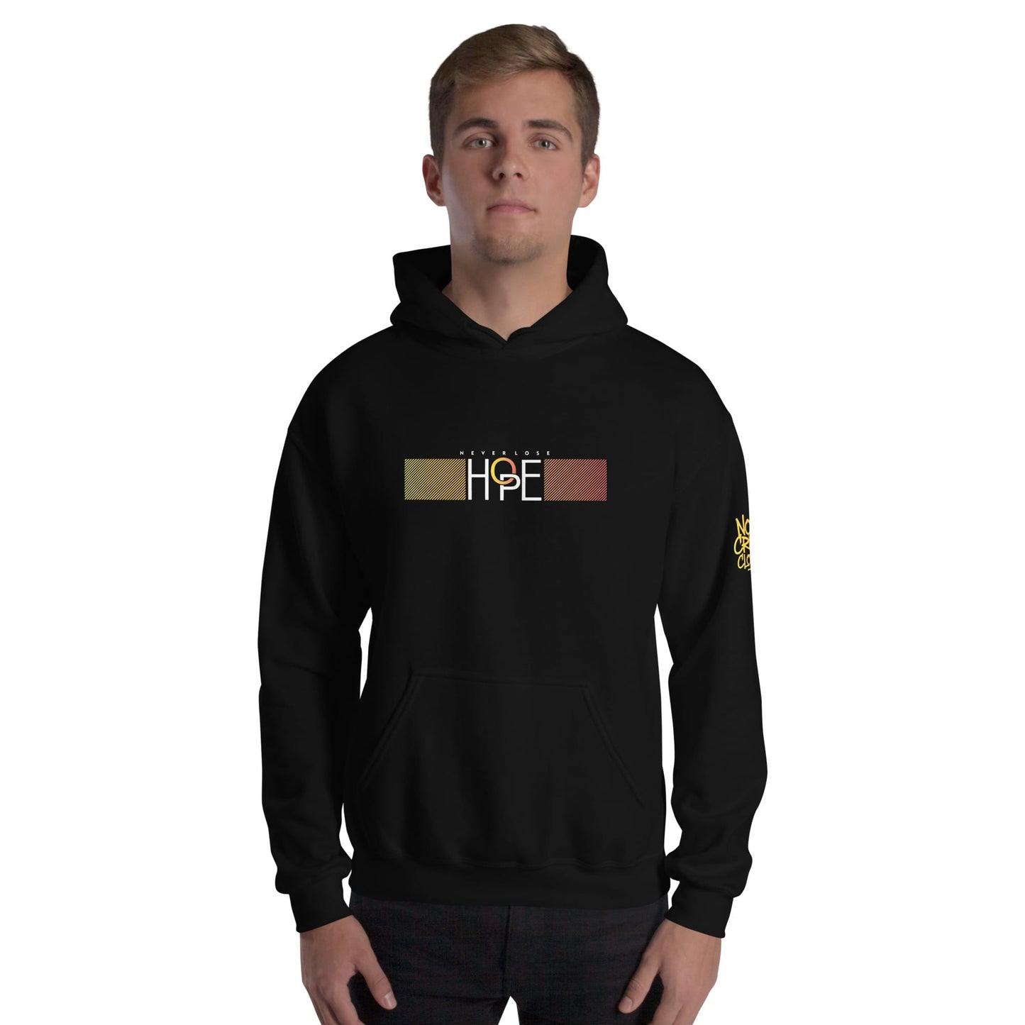 A clean black hoodie with a powerful message. The Hope hoodie is made for introverts, overthinkers, and anxiety warriors who need a quiet reminder to keep going....male