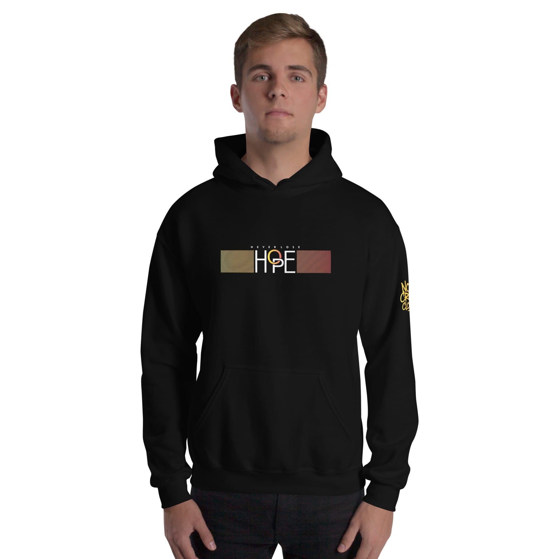 A clean black hoodie with a powerful message. The Hope hoodie is made for introverts, overthinkers, and anxiety warriors who need a quiet reminder to keep going....male