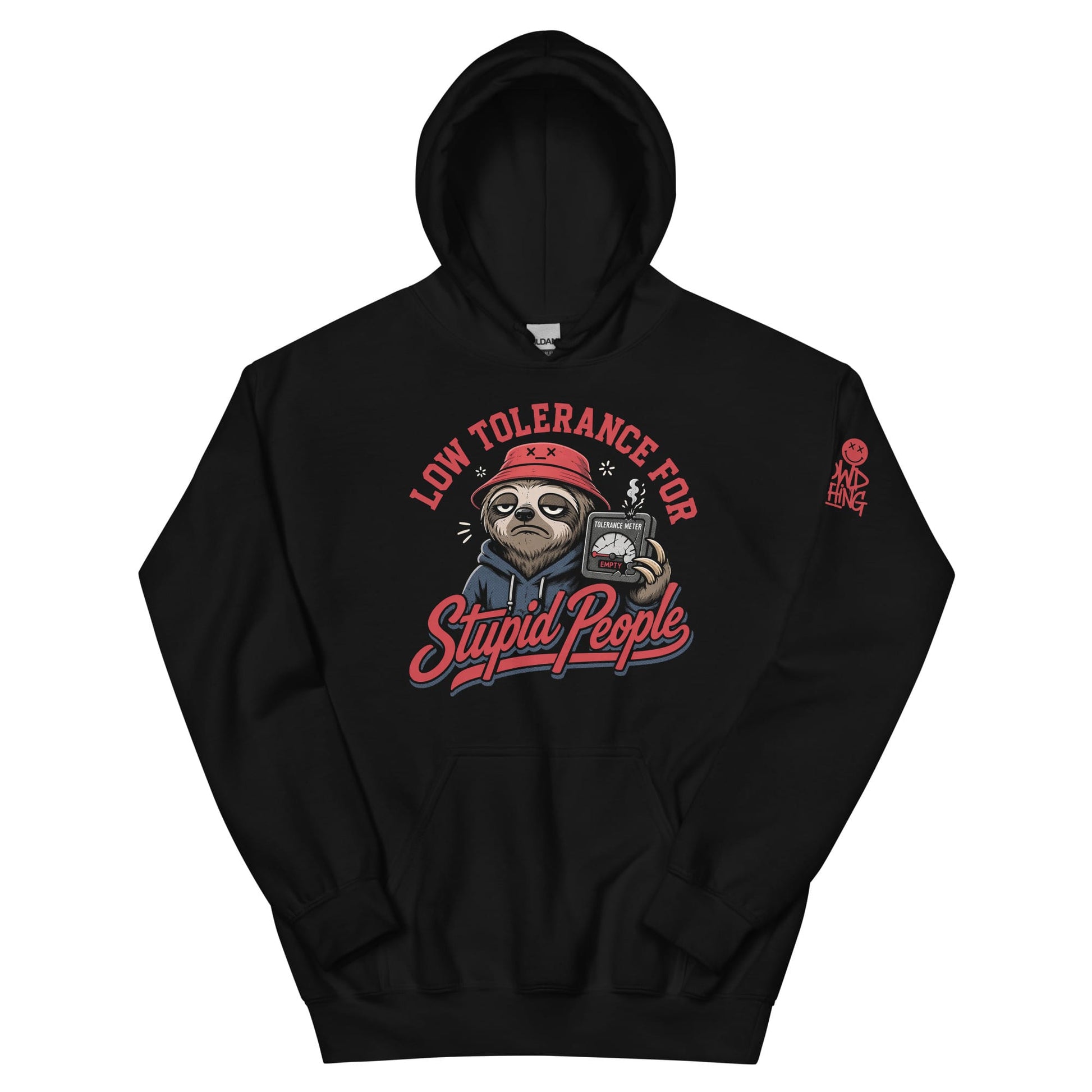 Stupid People Hoodie by No Crowd Clothing with tired sloth, red bucket hat, and cracked tolerance meter graphic.