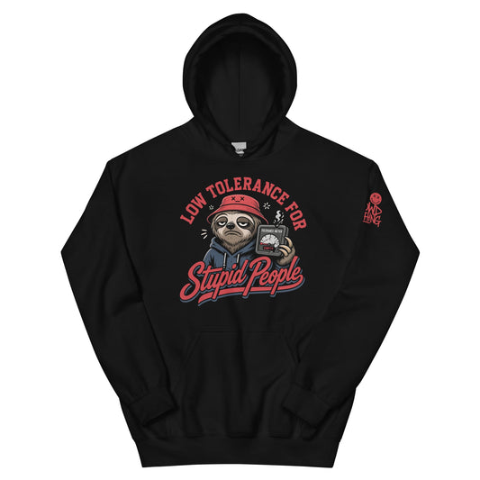 Stupid People Hoodie by No Crowd Clothing with tired sloth, red bucket hat, and cracked tolerance meter graphic.