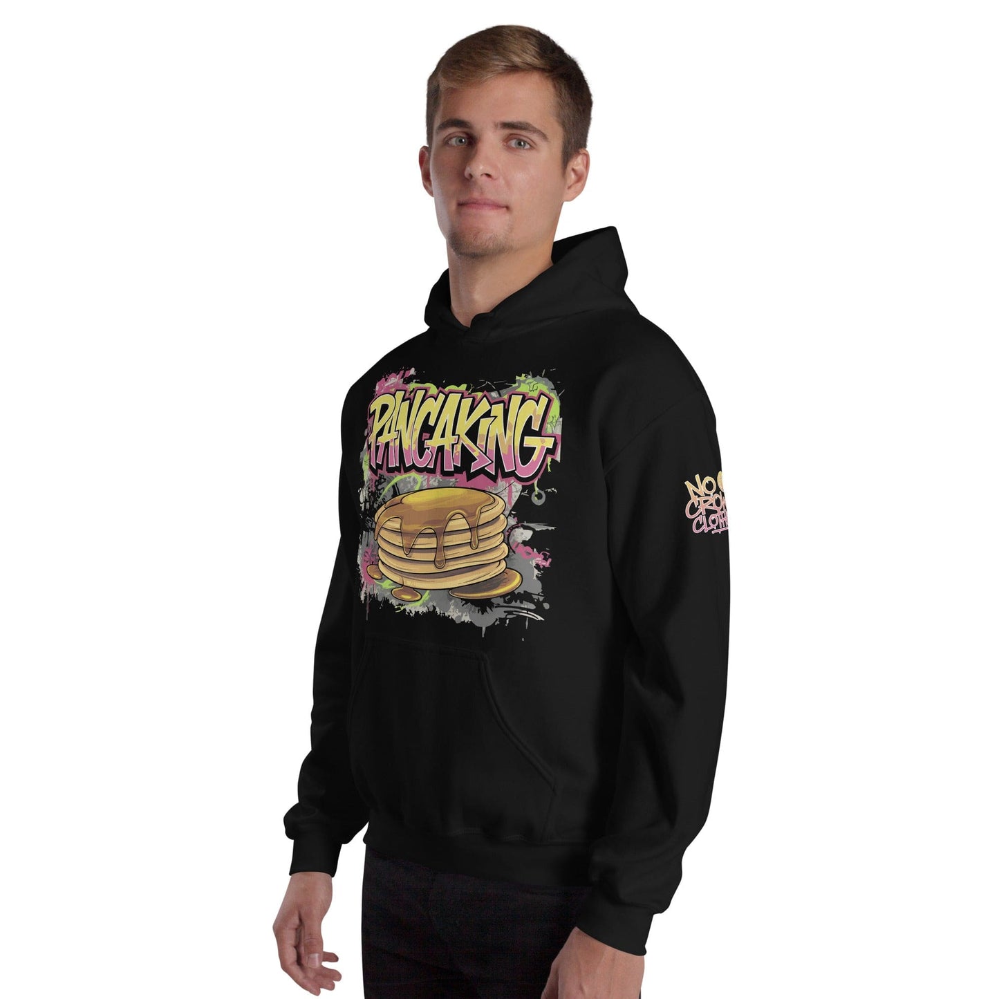 Graffiti-style "Pancaking" t-shirt design featuring bold text and a dripping pancake stack, symbolizing panicking moments in a playful, anxiety-aware streetwear style....hoodie front