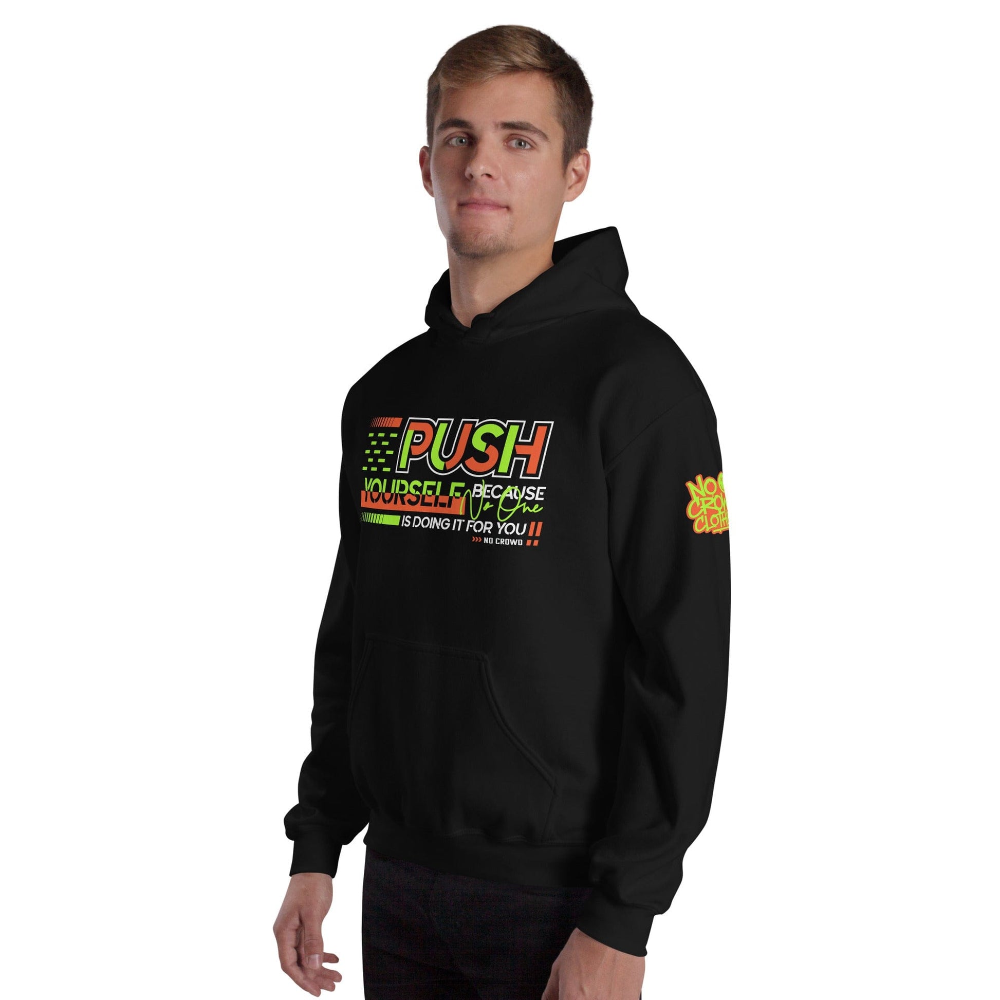 Motivational streetwear hoodie by No Crowd Clothing in black with neon green, orange, and white lettering....model left