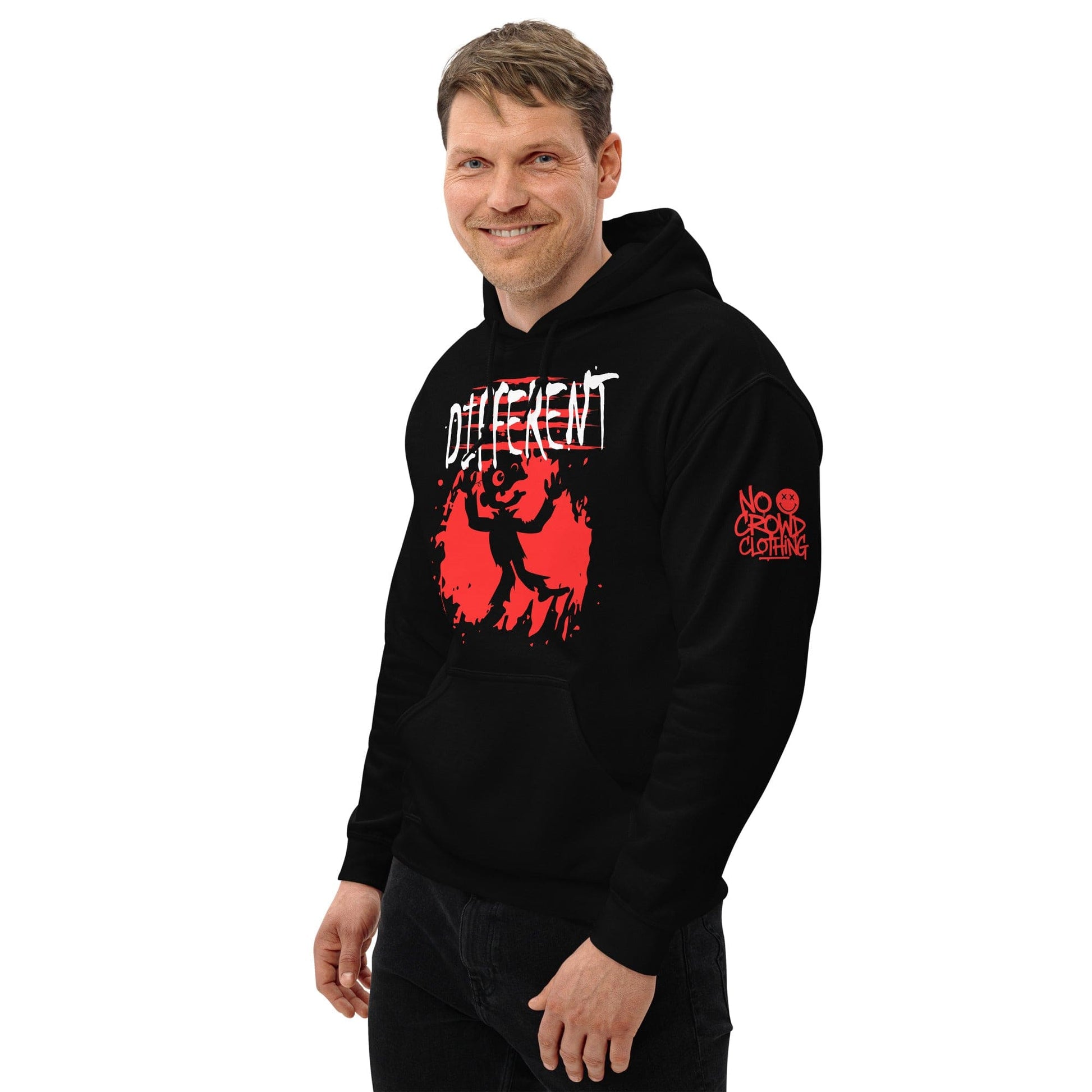 Black hoodie t-shirt featuring the word “Different” in a bold, distressed design, representing individuality, self-acceptance, and nonconformity....male