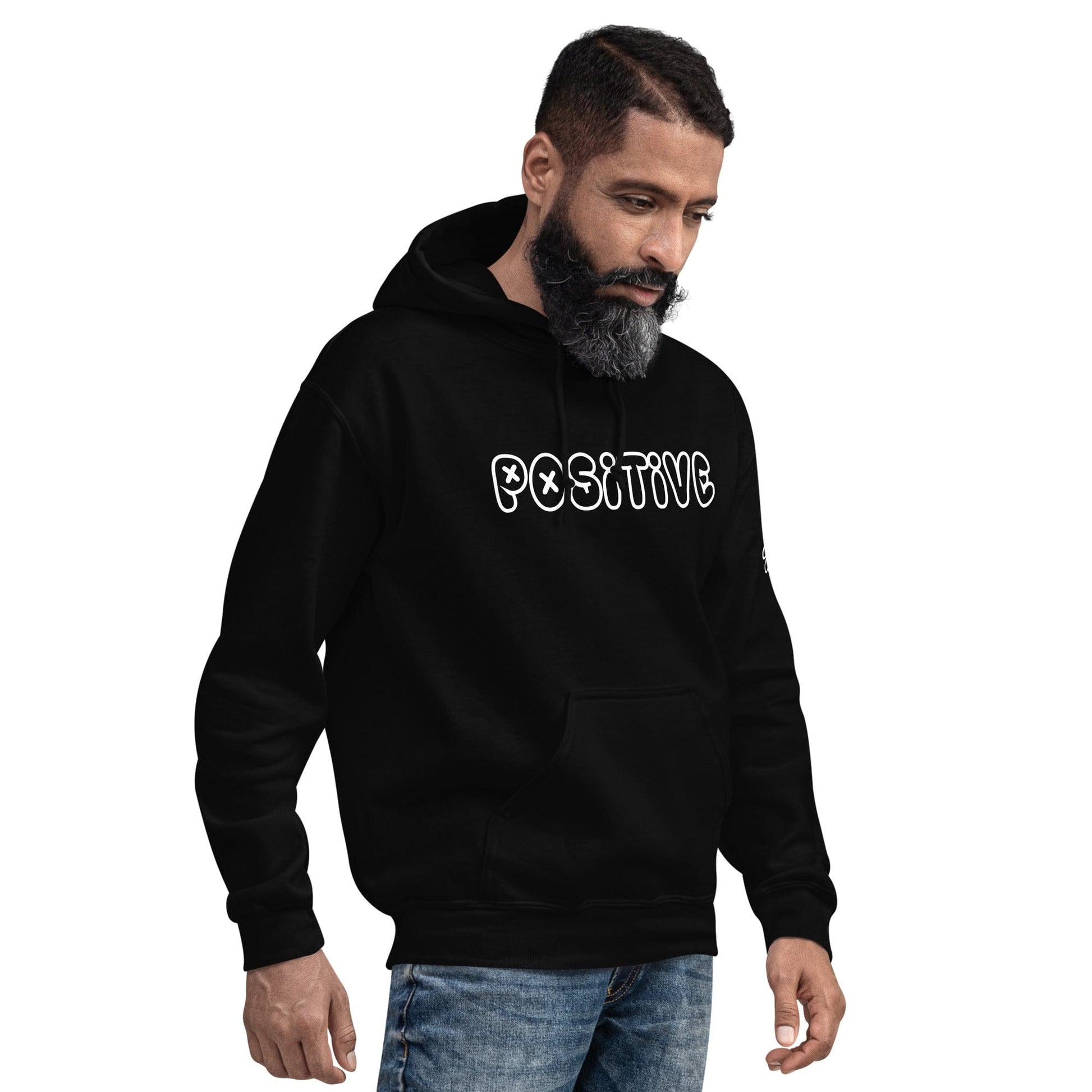 A stylish hoodie featuring the word "POSITIVE" in bold, graffiti-style font. The design encourages maintaining a positive mindset to overcome social anxiety. Cozy and empowering, this hoodie blends streetwear style with a motivational message for everyday confidence....black model